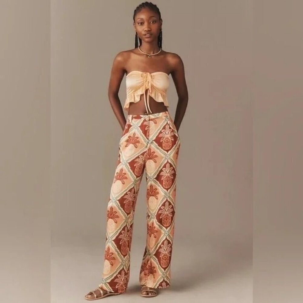 NWT Farm Rio x Anthropologie Pineapple Satin Wide-Leg Pants Size Large L $188